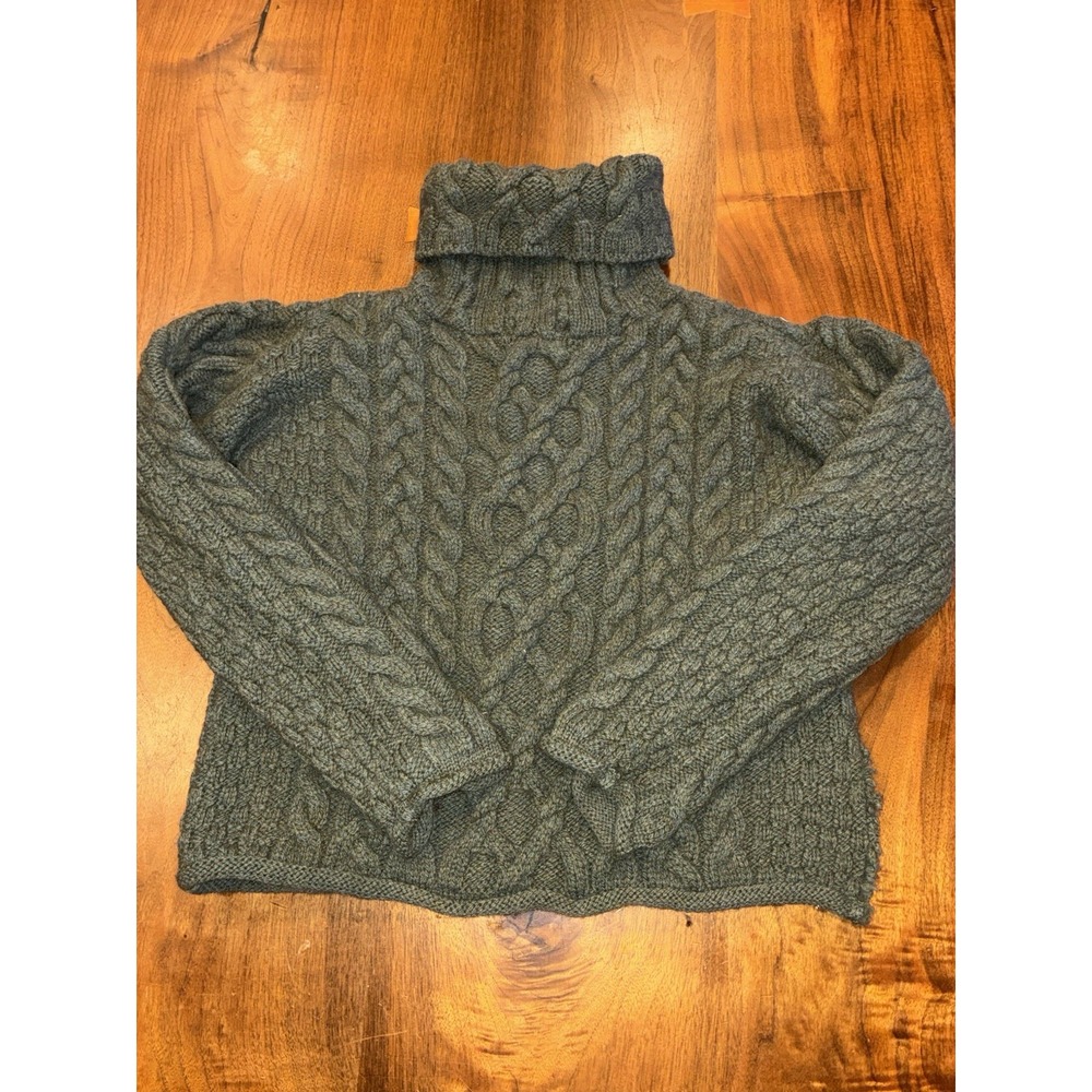Aran Crafts Womens M Green Merino Wool Aran Cable Knit Fisherman Sweater Ireland